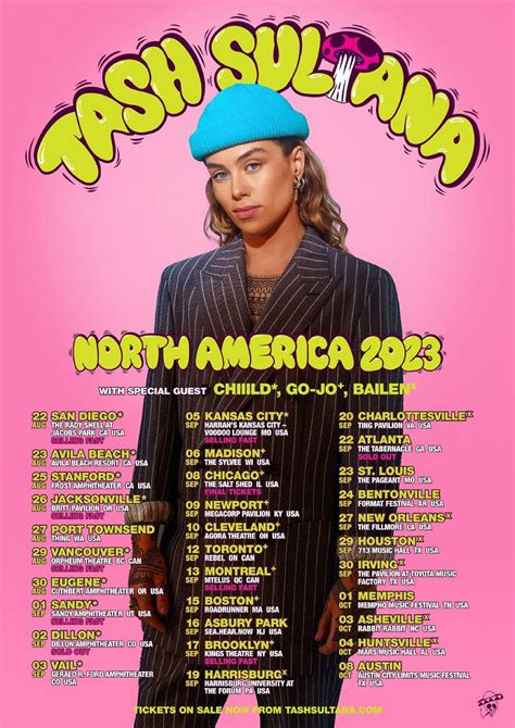 Tash sultana tour - Tash Sultana is in a trance. On stage amid umpteen instruments and a billowing cloud of incense smoke, playing a psychedelic solo on a guitar held at head height, she is lost in music. Her bare ...